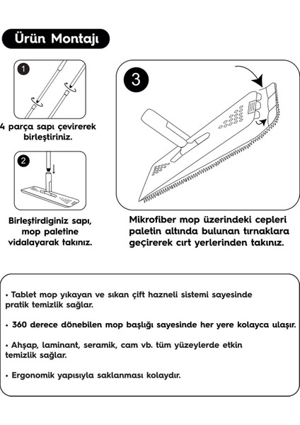 Gri Tablet Mop 4 Adet Yedekli Temizlik Seti