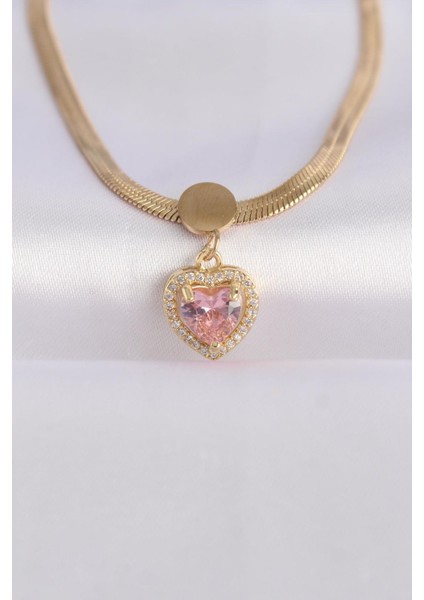 Gold Pembe Zirkon Taşlı Kalpli Kolye