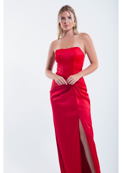 Kadın Kırmızı Kruvaze Astarlı Dokuma Korse Detaylı Saten Uzun Abiye Elbise modelleri
