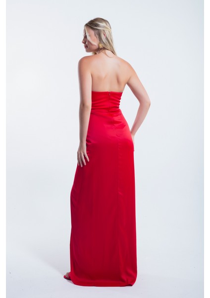 Kadın Kırmızı Kruvaze Astarlı Dokuma Korse Detaylı Saten Uzun Abiye Elbise indirimleri