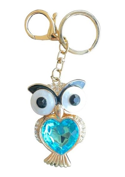 Turkuaz Baykuş Şekilli Kristal Yapay Elmas Anahtarlık Owl Keychain Rhinestone Crysta