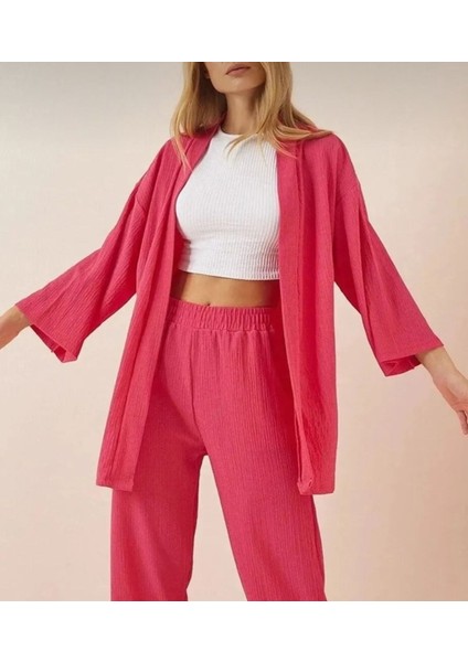 Yeni Sezon Bürümcük Krinkıl Kumaş Yazlık Likralı Pembe Kimono ve Bol Paça Pantolon Takım