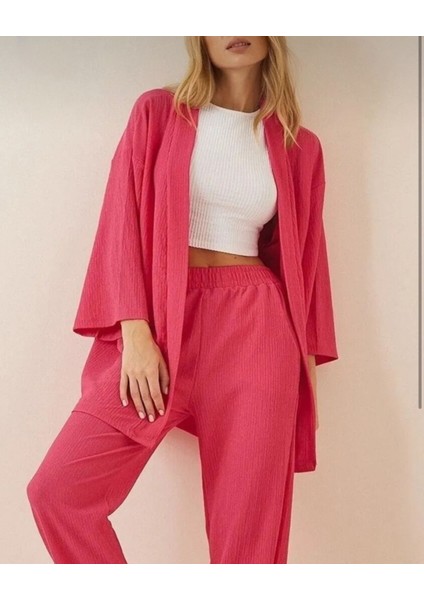 Yeni Sezon Bürümcük Krinkıl Kumaş Yazlık Likralı Pembe Kimono ve Bol Paça Pantolon Takım