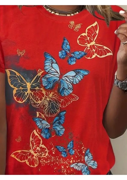 Kadın Kısa Kollu Mavi Sarı Kelebek Baskı Süprem T-Shirt fiyatları