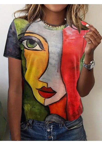 Kadın Kısa Kollu Yüz Baskılı Süprem T-Shirt