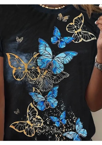 Kadın Kısa Kollu Mavi Sarı Kelebek Baskı Süprem T-Shirt fiyatları