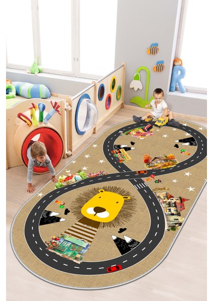 Makinede Yıkanabilir Kaymaz Taban Leke Tutmaz Yol Desenli Çocuk Odası Halısı Oyun Halısı