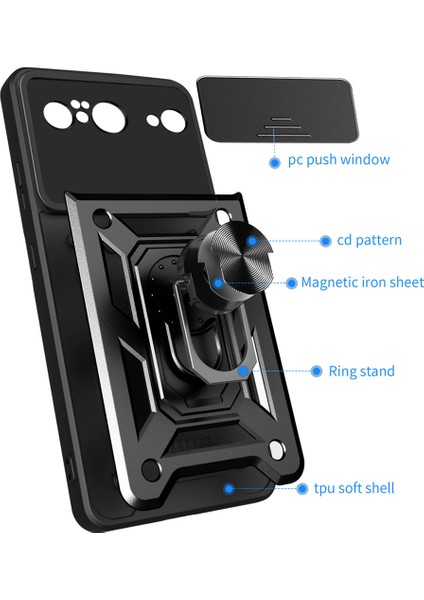 Google Pixel 8 Için Halka Ayaklı ve Kayar Kamera Kapaklı Telefon Kılıf - Mavi (Yurt Dışından)