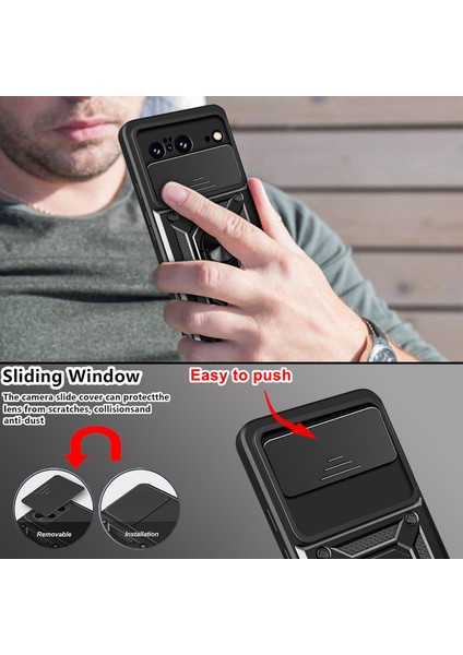 Google Pixel 8 Için Halka Ayaklı ve Kayar Kamera Kapaklı Telefon Kılıf - Mavi (Yurt Dışından)