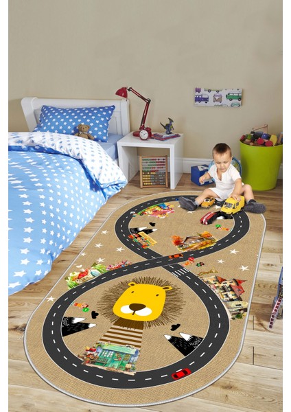Makinede Yıkanabilir Kaymaz Taban Leke Tutmaz Yol Desenli Çocuk Odası Halısı Oyun Halısı