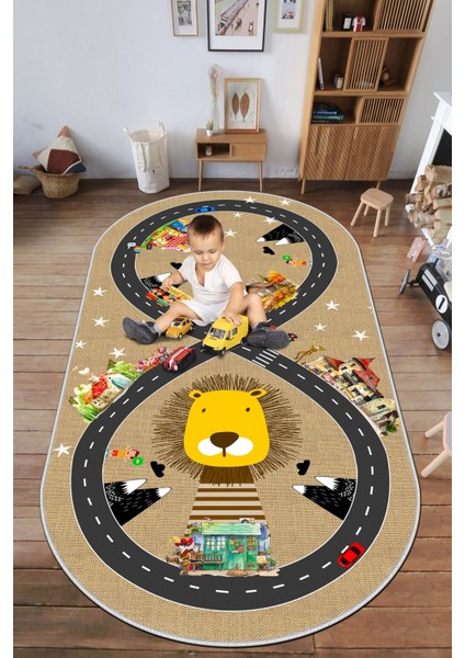 Makinede Yıkanabilir Kaymaz Taban Leke Tutmaz Yol Desenli Çocuk Odası Halısı Oyun Halısı