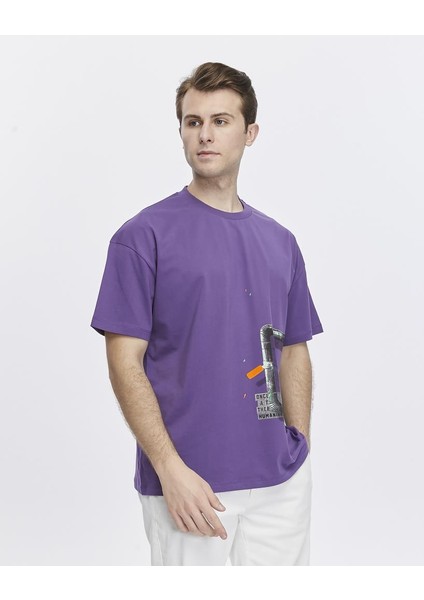Yanda Fermuar Baskılı Oversize Tişört