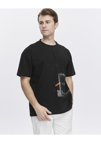 Yanda Fermuar Baskılı Oversize Tişört