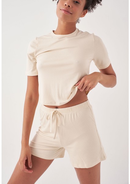 Crop Bej Şort Takım S-M