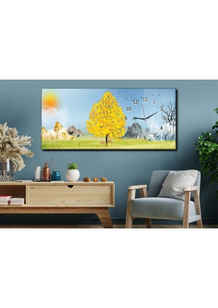 Yatay Yandan Saatli Sanat ve Doğa Temalı Cam Tablo YSYS159