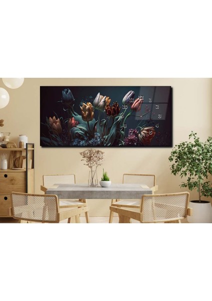 Rengarenk Laleler Saatli Sanat ve Doğa Temalı Cam Tablo YSYS196 modelleri