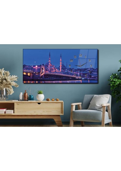 Işıklandırılmış Galata Köprüsü ve Eminönü Cami Saatli Cam Tablo YSYS135