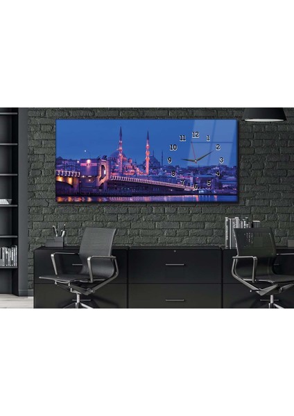 Işıklandırılmış Galata Köprüsü ve Eminönü Cami Saatli Cam Tablo YSYS135 fiyatları