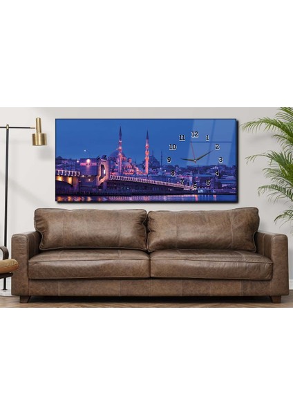 Işıklandırılmış Galata Köprüsü ve Eminönü Cami Saatli Cam Tablo YSYS135 fırsatları