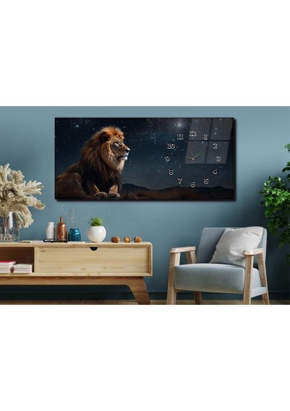 Ormanların Kralı Aslan ve Gece Manzarası Saatli Sanat ve Doğa Temalı Cam Tablo YSYS181