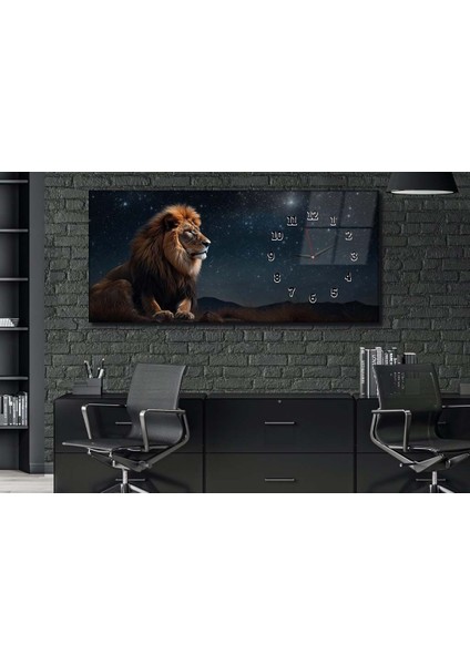 Ormanların Kralı Aslan ve Gece Manzarası Saatli Sanat ve Doğa Temalı Cam Tablo YSYS181 fiyatları