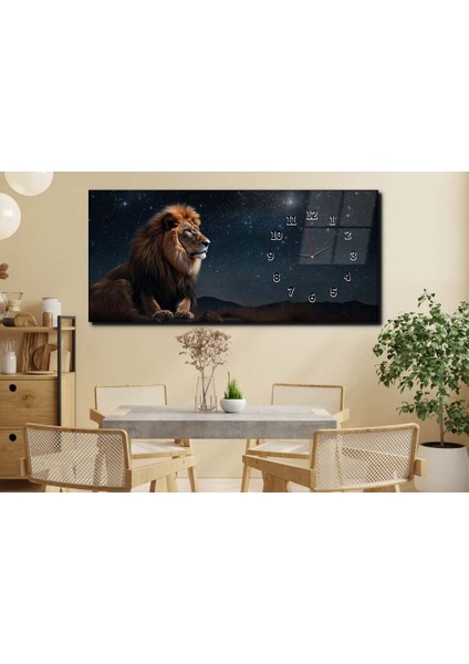 Ormanların Kralı Aslan ve Gece Manzarası Saatli Sanat ve Doğa Temalı Cam Tablo YSYS181 modelleri