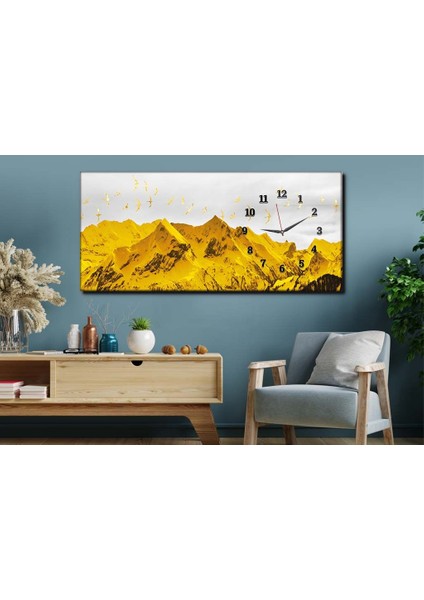 Sarı Renkli Dağlar Kuşlar Soyut Resim Saatli Cam Tablo YSYS152
