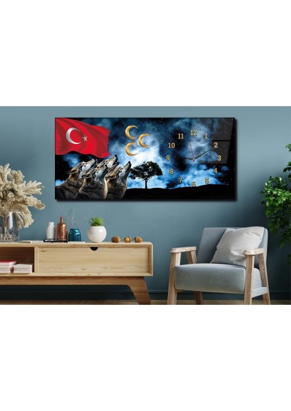 Türk Bayrağı Bozkurt ve Üç Hilal Yatay Saatli Yandan Vatan Temalı Cam Tablo YSYV019