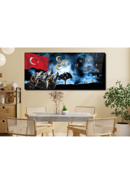 Türk Bayrağı Bozkurt ve Üç Hilal Yatay Saatli Yandan Vatan Temalı Cam Tablo YSYV019 modelleri