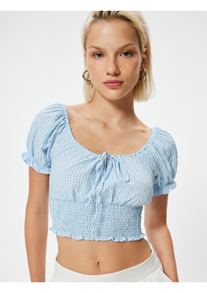 Balon Kol Poplin Crop Bluz Gipeli Önden Bağlama Detaylı