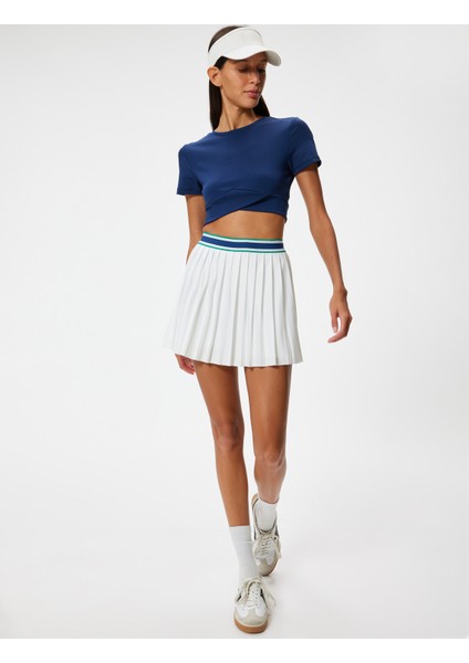 Crop Spor Tişört Slim Fit Bisiklet Yaka Katlı Kısa Kollu
