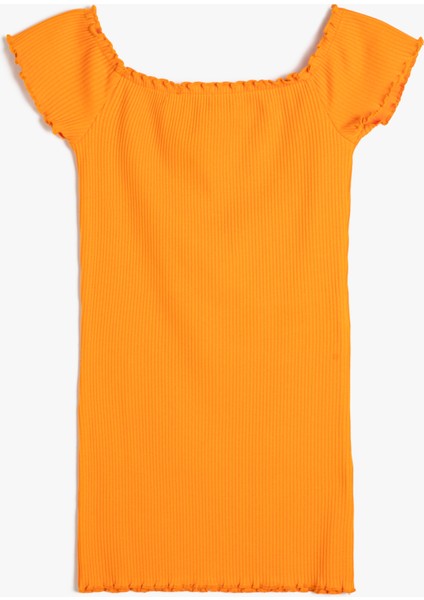 Elbise Kısa Kollu Kare Yaka Ribanalı Pamuklu