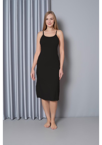Kadın İnce Askılı Uzun Modal Siyah Kombinezon C8T1N0O108