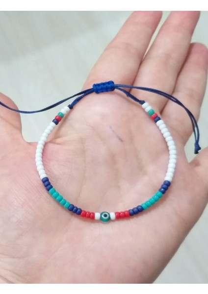 Minik Nazar Boncuklu Beyaz Kırmızı Turkuaz Rengi Lacivert Miyuki Round Boncuklu Bileklik