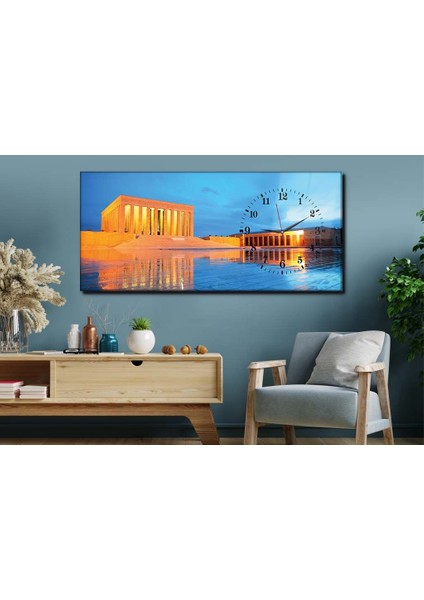 Anıtkabir Modern Saatli Yatay Cam Duvar Tablo 110X50 cm Kırılmaz Temperli Cam YSYV001