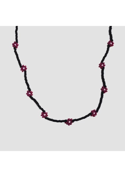 El Yapımı Papatyalı Kum Boncuk Kolye - Mor