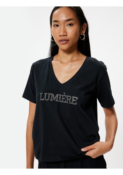 V Yaka Tişört Taşlı Kısa Kollu Pamuklu fiyatları