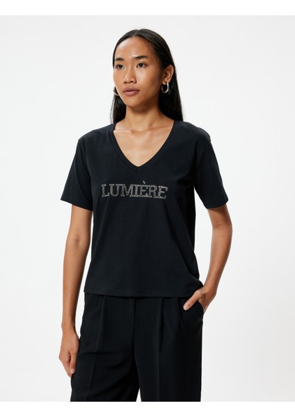 V Yaka Tişört Taşlı Kısa Kollu Pamuklu modelleri