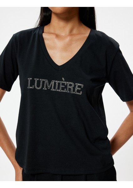 V Yaka Tişört Taşlı Kısa Kollu Pamuklu indirimleri