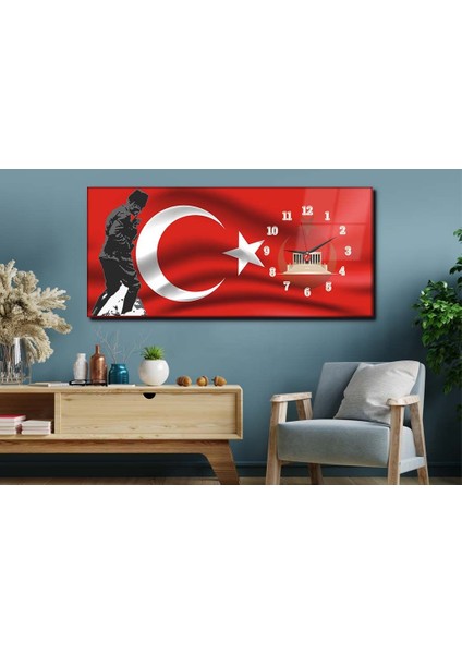 Atatürk ve Türk Bayrağı Yatay Saatli Yandan Vatan Temalı Cam Tablo YSYV016