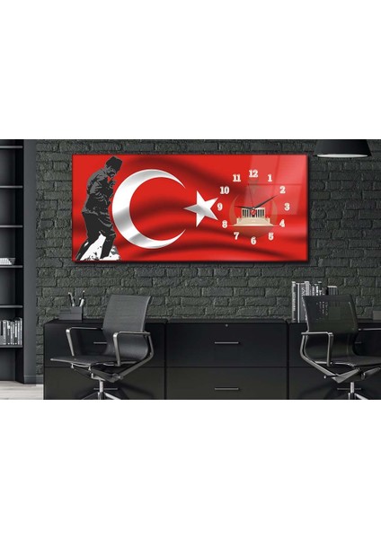 Atatürk ve Türk Bayrağı Yatay Saatli Yandan Vatan Temalı Cam Tablo YSYV016