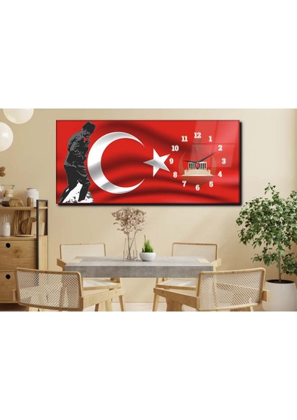 Atatürk ve Türk Bayrağı Yatay Saatli Yandan Vatan Temalı Cam Tablo YSYV016