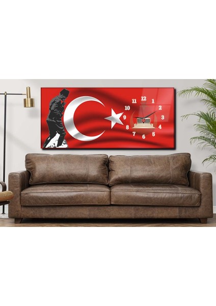 Atatürk ve Türk Bayrağı Yatay Saatli Yandan Vatan Temalı Cam Tablo YSYV016