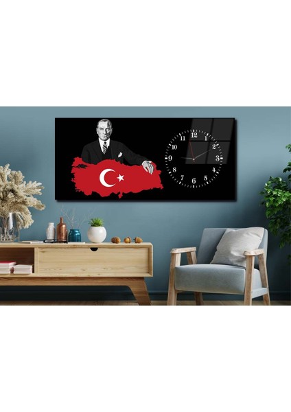 Yatay Yandan Saatli Vatan Temalı Cam Tablo YSYV013