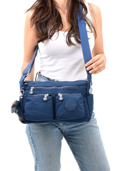 Kadın Orta Boy Bölmeli Krinkıl Kumaş Ayarlanabilir Çapraz Askılı Lacivert Renkli Omuz Çantası fiyatları