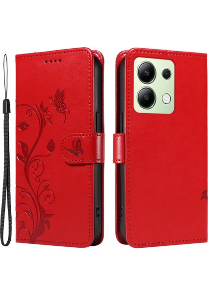 Xiaomi Redmi Note 13 4g Deri Kılıf Çiçek Kelebek Baskılı Cüzdan Telefon Kapağı-Kırmızı (Yurt Dışından)