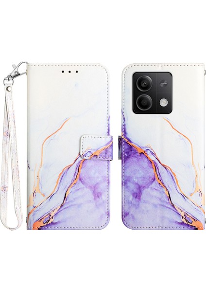 Xiaomi Redmi Note 13 5g Kılıf Mermer Telefon Cüzdan Kılıfı Kayışlı-Beyaz+Mor LS006 (Yurt Dışından)