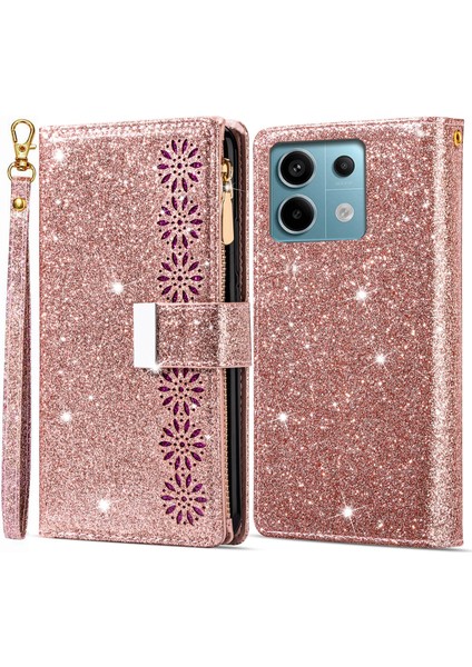 Xiaomi Redmi Için Not 13 5g Kılıf Fermuar Cüzdan Pu Deri Glitter Telefon Kapağı-Gül Altın (Yurt Dışından)