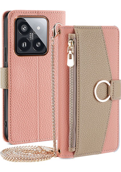 Xiaomi 14 Pro Phone Case Anti-Fall Pu Deri Deri Stand Kapağı Makyaj Aynası Pembe (Yurt Dışından)
