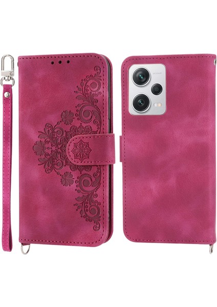Xiaomi Redmi Için Note 12 Pro+ 5g Telefon Kabuğu Cilt Taşlama Duygu Baskılı Çiçekler Stand Deri Cüzdan Bilek Kayışı ve Omuz Kayışı ile Kapak-Şarap Kırmızısı (Yurt Dışından)